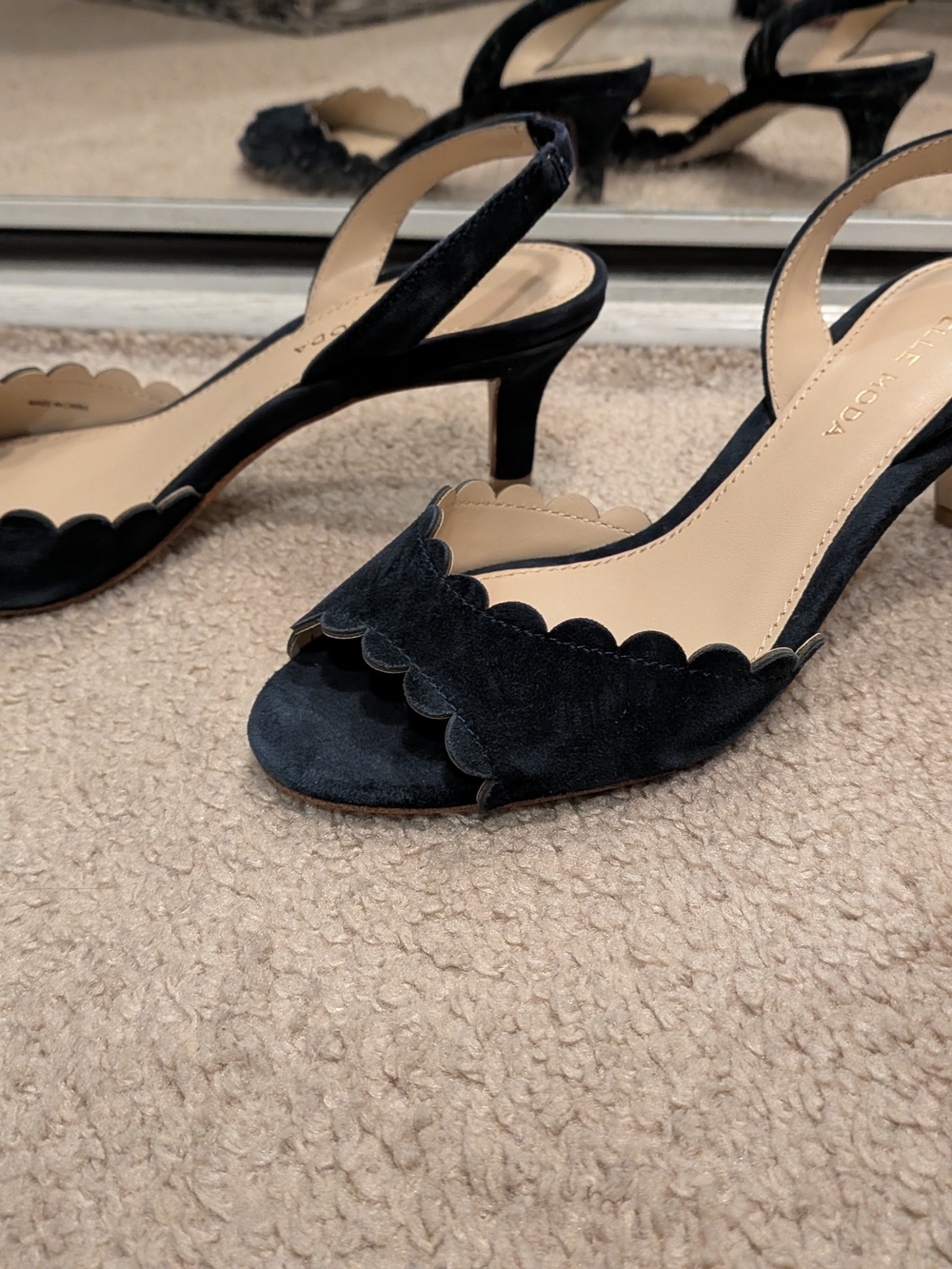 Scalloped Navy Suede Slingback Heels
